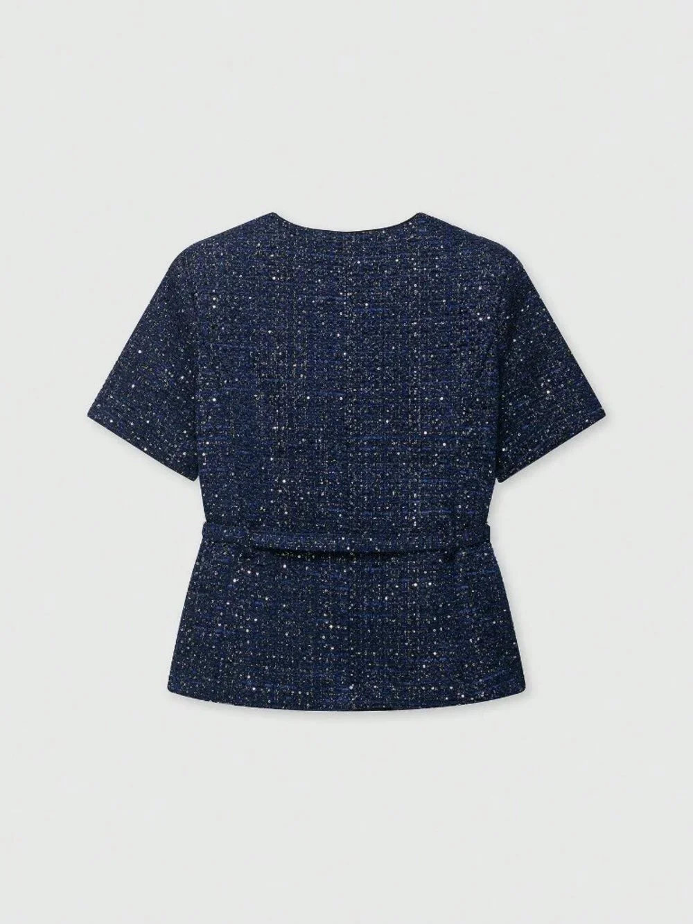 Blue Elegant Women's Button Decor Belted Short Sleeve Jacket